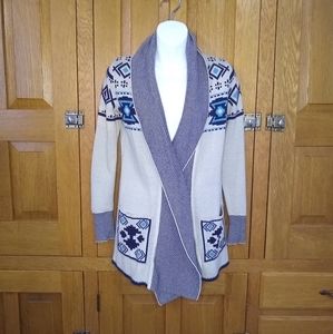 Between Me & You ivory and blue tribal knit open cardigan